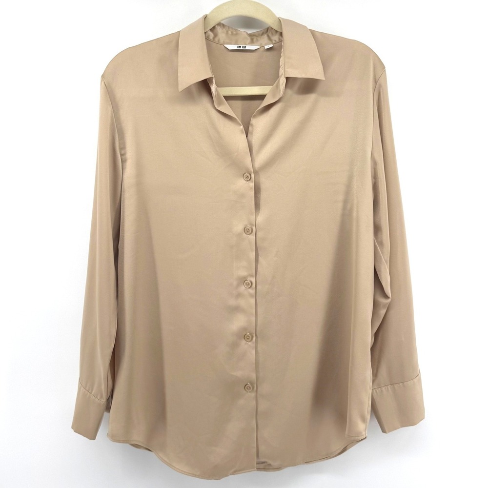 Uniqlo Satin Blouse Women M Beige Long Sleeve Button Down Minimalist Officecore